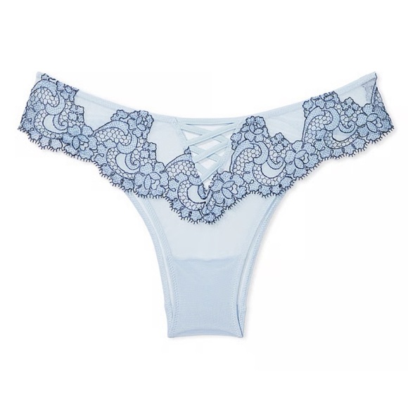 Victoria's Secret Boho Floral Embroidery Brazilian Panty Blue - Picture 1 of 7